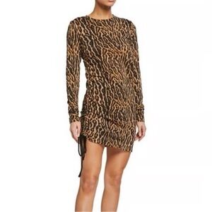 Pam & Gela Womens Crew Neck Leoparf Ruched Shirt Dress Brown Size Petite
